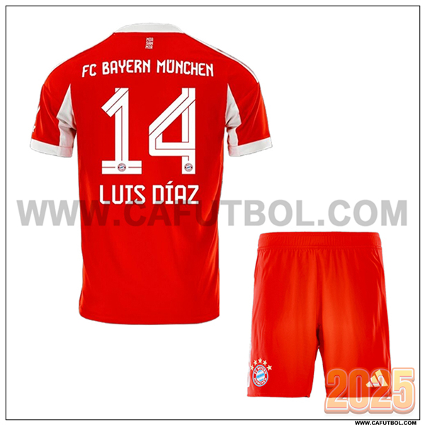 Primera Camiseta de Bayern Munich LUIS DÍAZ #14 Ninos 2025 2026 Rojo