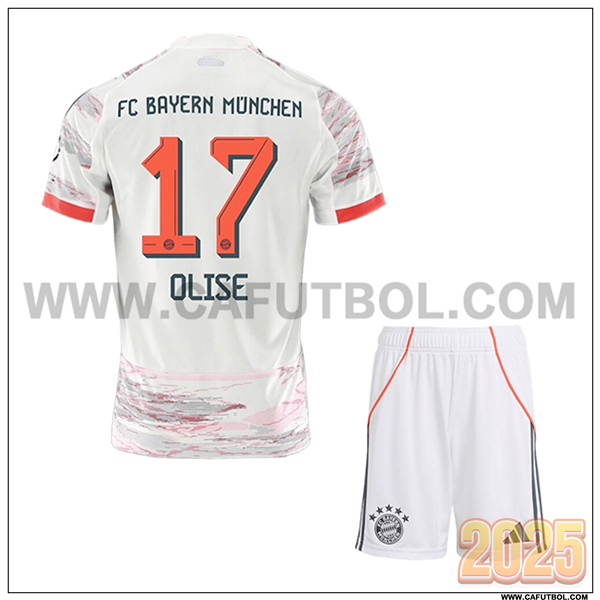 Segunda Camiseta de Bayern Munich OLISE #17 Ninos 2025 2026 Blanco