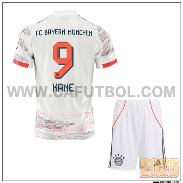 Segunda Camiseta de Bayern Munich KANE #9 Ninos 2025 2026 Blanco