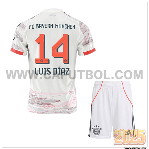 Segunda Camiseta de Bayern Munich LUIS DÍAZ #14 Ninos 2025 2026 Blanco