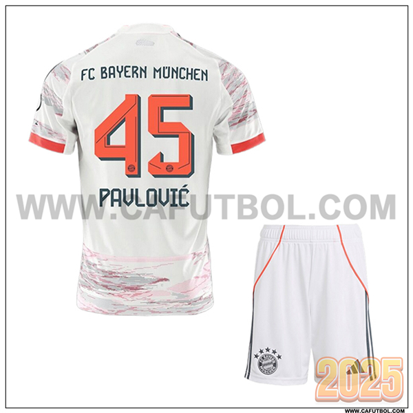 Segunda Camiseta de Bayern Munich PAVLOVIC #45 Ninos 2025 2026 Blanco