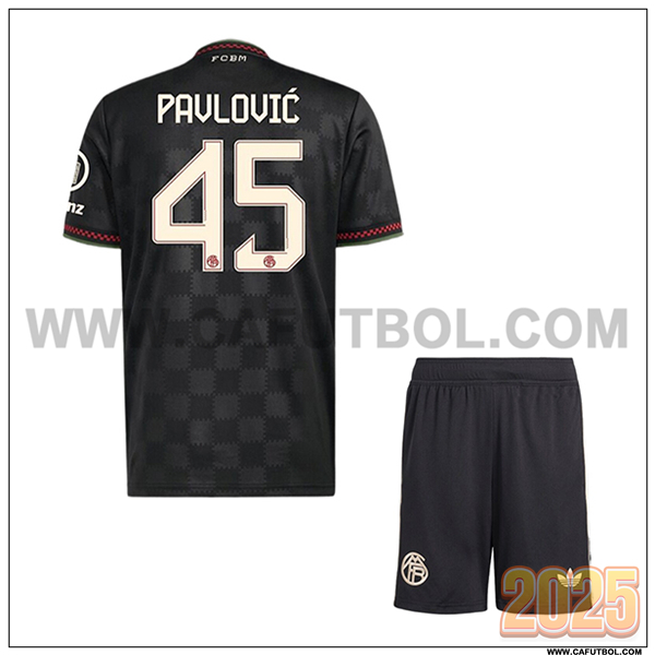 Camiseta de Bayern Munich PAVLOVIC #45 Ninos Liga de Campeones 2025 2026 Negro