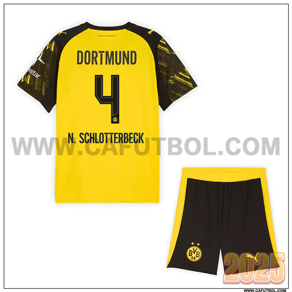 Primera Camiseta de Dortmund BVB N.SCHLOTTERBECK #4 Ninos 2025 2026 AMARILLO/Negro