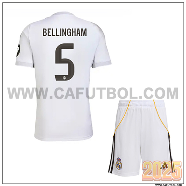 Primera Camiseta de Real Madrid BELLINGHAM #5 Ninos 2025 2026 Blanco