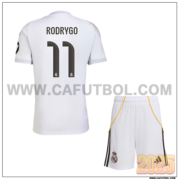 Primera Camiseta de Real Madrid RODRYGO #11 Ninos 2025 2026 Blanco