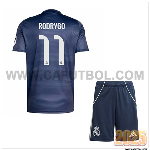 Segunda Camiseta de Real Madrid RODRYGO #11 Ninos 2025 2026 Azul marino