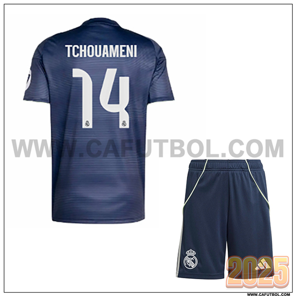 Segunda Camiseta de Real Madrid TCHOUAMÉNI #14 Ninos 2025 2026 Azul marino
