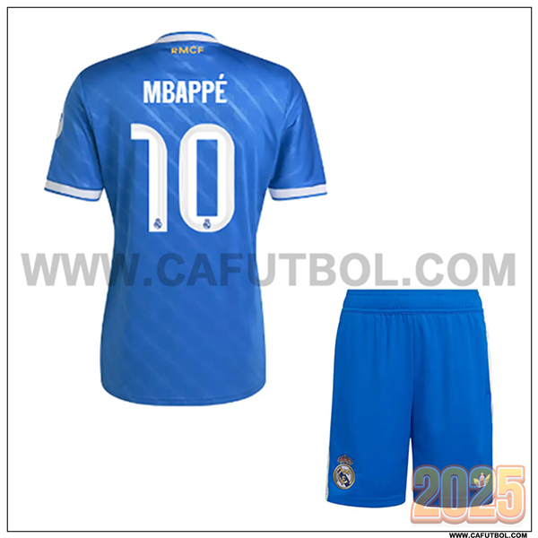 Tercero Camiseta de Real Madrid Mbappé #10 Ninos 2025 2026 Azul