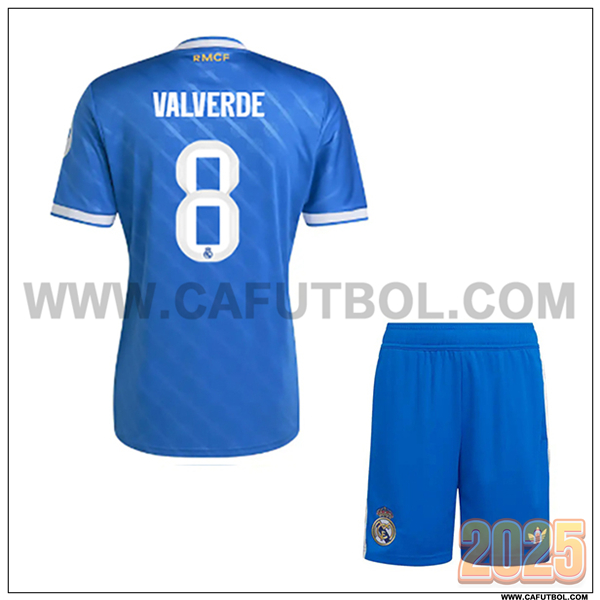 Tercero Camiseta de Real Madrid VALVERDE #8 Ninos 2025 2026 Azul