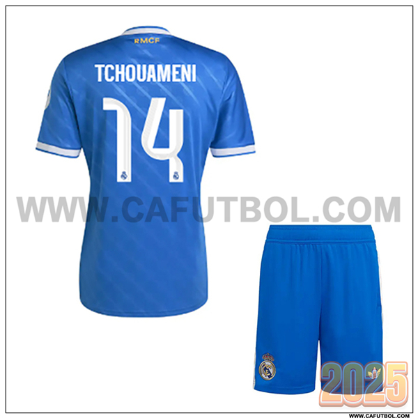 Tercero Camiseta de Real Madrid TCHOUAMÉNI #14 Ninos 2025 2026 Azul