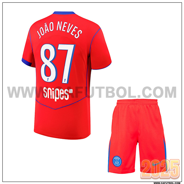 Tercero Camiseta de Paris PSG JOÃO NEVES #87 Ninos 2025 2026 Rojo