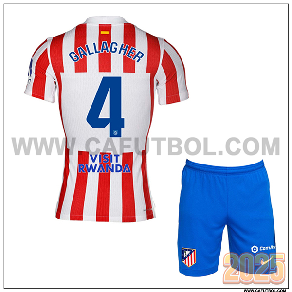 Primera Camiseta de Atletico Madrid GALLAGHER #4 Ninos 2025 2026 Rojo/Blanco