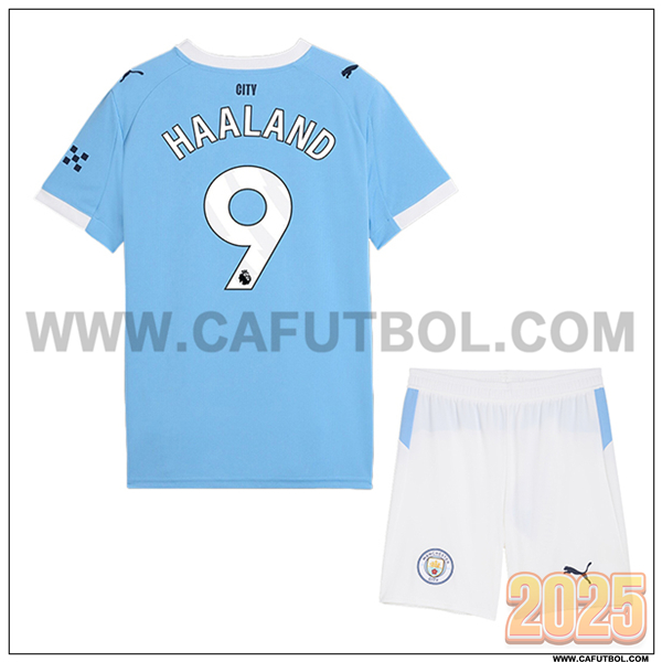 Primera Camiseta de Manchester City HAALAND #9 Ninos 2025 2026 Azul Cielo