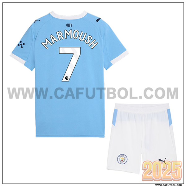Primera Camiseta de Manchester City MARMOUSH #7 Ninos 2025 2026 Azul Cielo