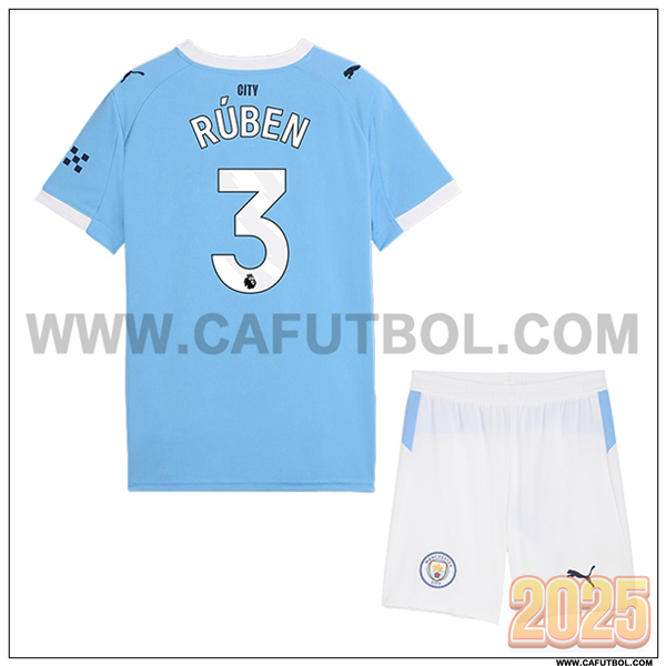Primera Camiseta de Manchester City RÚBEN #3 Ninos 2025 2026 Azul Cielo