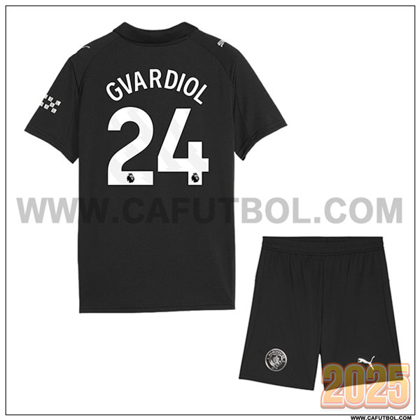 Segunda Camiseta de Manchester City GVARDIOL #24 Ninos 2025 2026 Negro