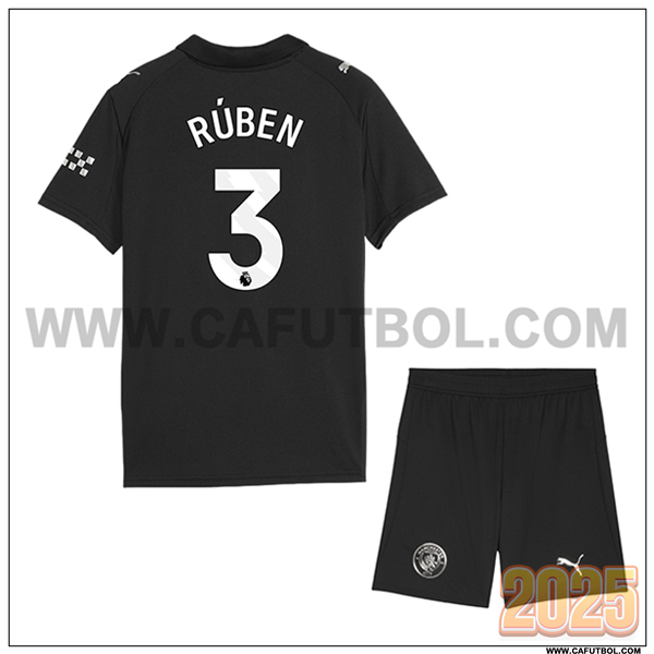 Segunda Camiseta de Manchester City RÚBEN #3 Ninos 2025 2026 Negro