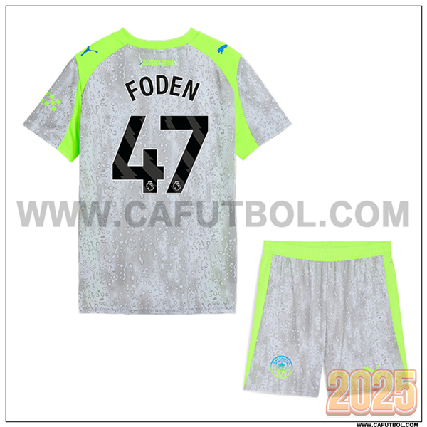 Tercero Camiseta de Manchester City FODEN #47 Ninos 2025 2026 Gris/Verde