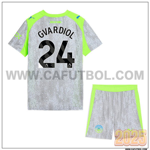 Tercero Camiseta de Manchester City GVARDIOL #24 Ninos 2025 2026 Gris/Verde