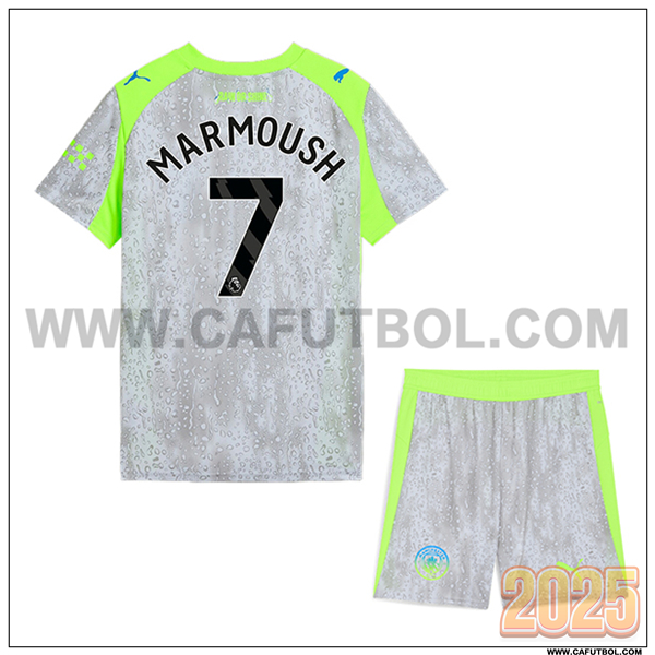Tercero Camiseta de Manchester City MARMOUSH #7 Ninos 2025 2026 Gris/Verde