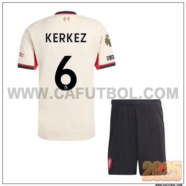 Segunda Camiseta de FC Liverpool KERKEZ #6 Ninos 2025 2026 Beige