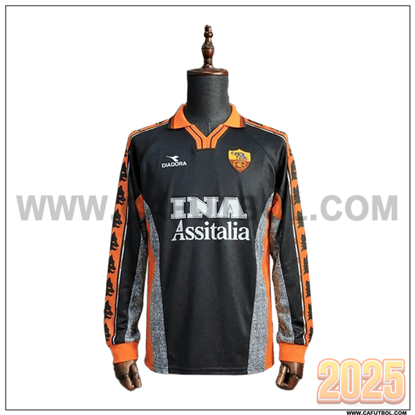 Tercero Camiseta de AS Roma Ninos Mangas Largas Retro Negro 1999/2000